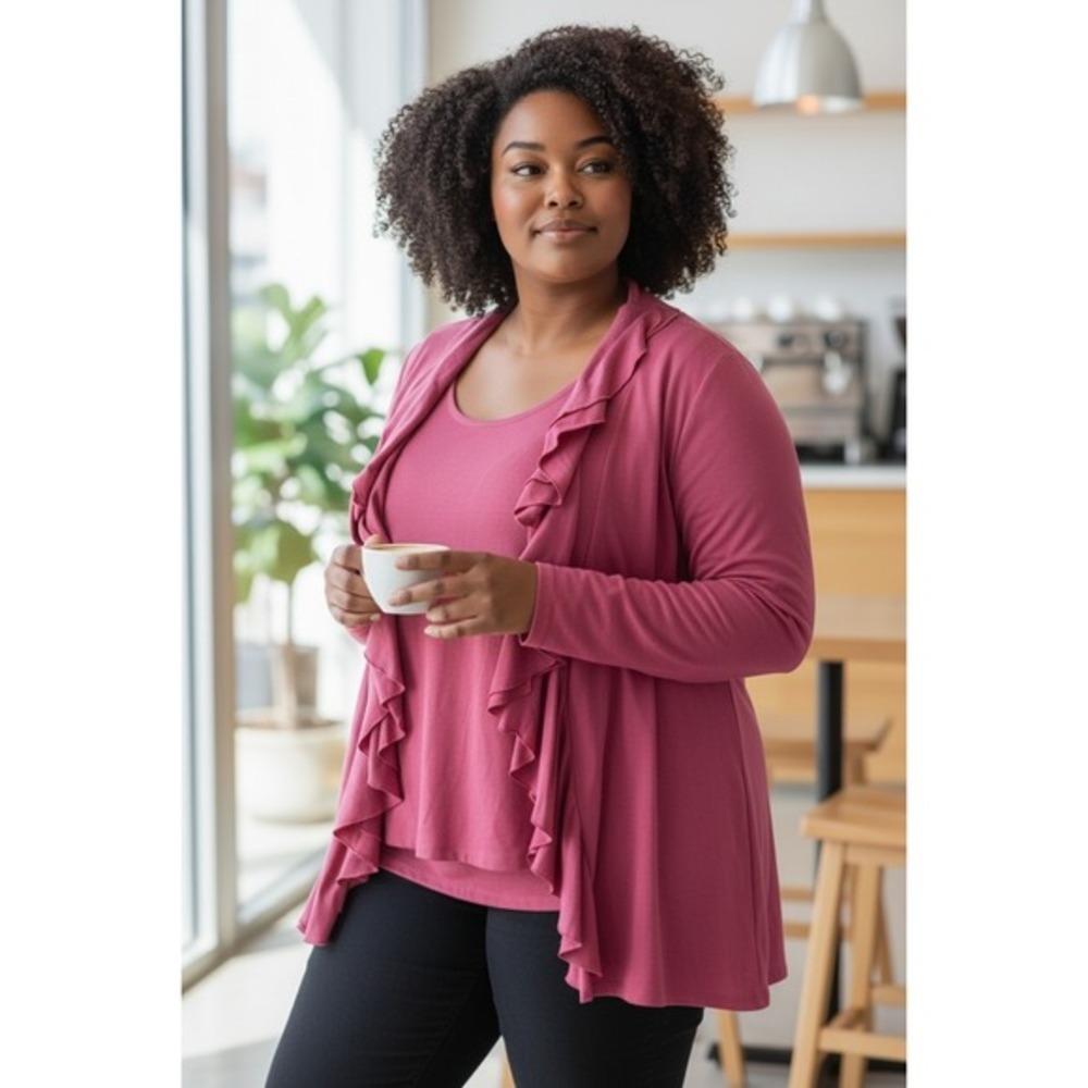 Gramercy 22 Cascading Ruffle Waterfall Cardigan Open Front Lightweight Pink 2 Pc